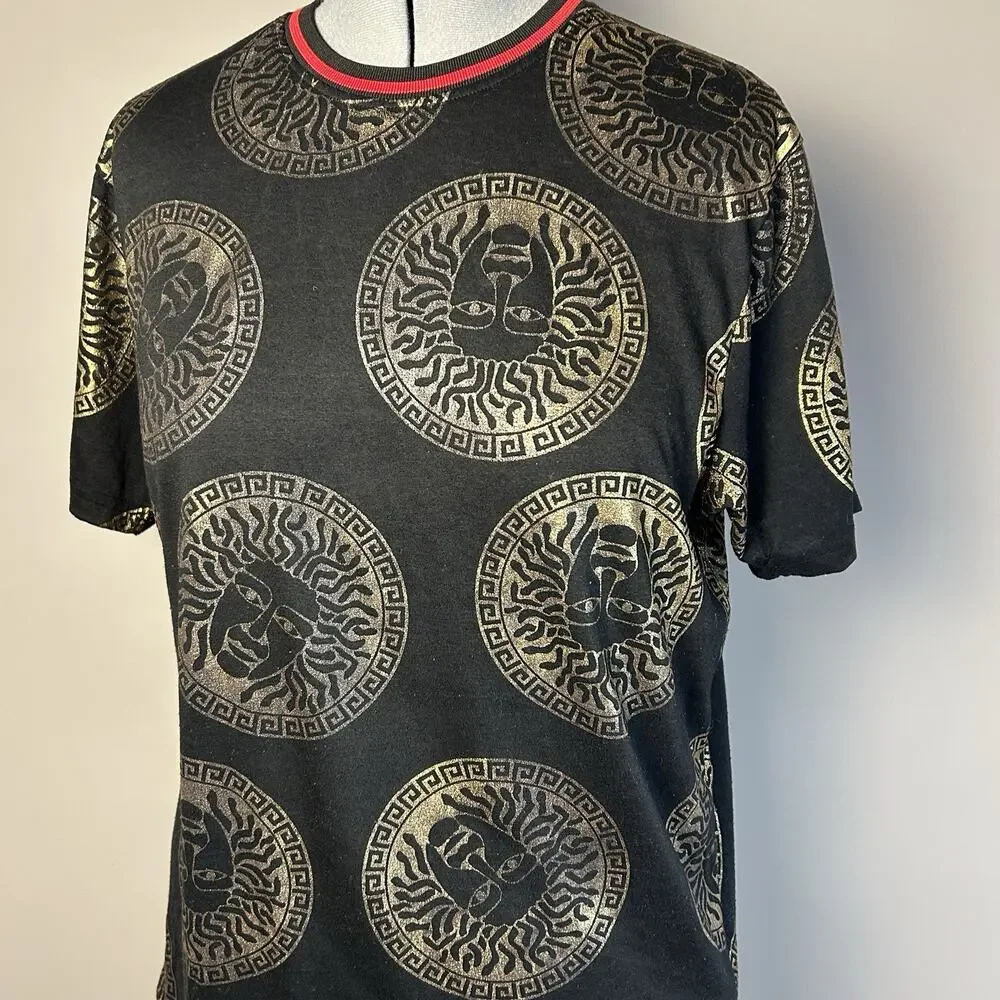 Festival Concert shirt Short Sleeve Metallic Gold Medusa Design Snake charmer